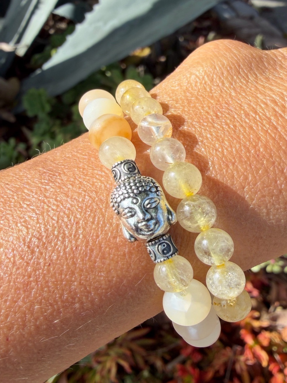 Rutilated Quartz & Matte Yellow Opal Buddha Stretch Bracelet Set
